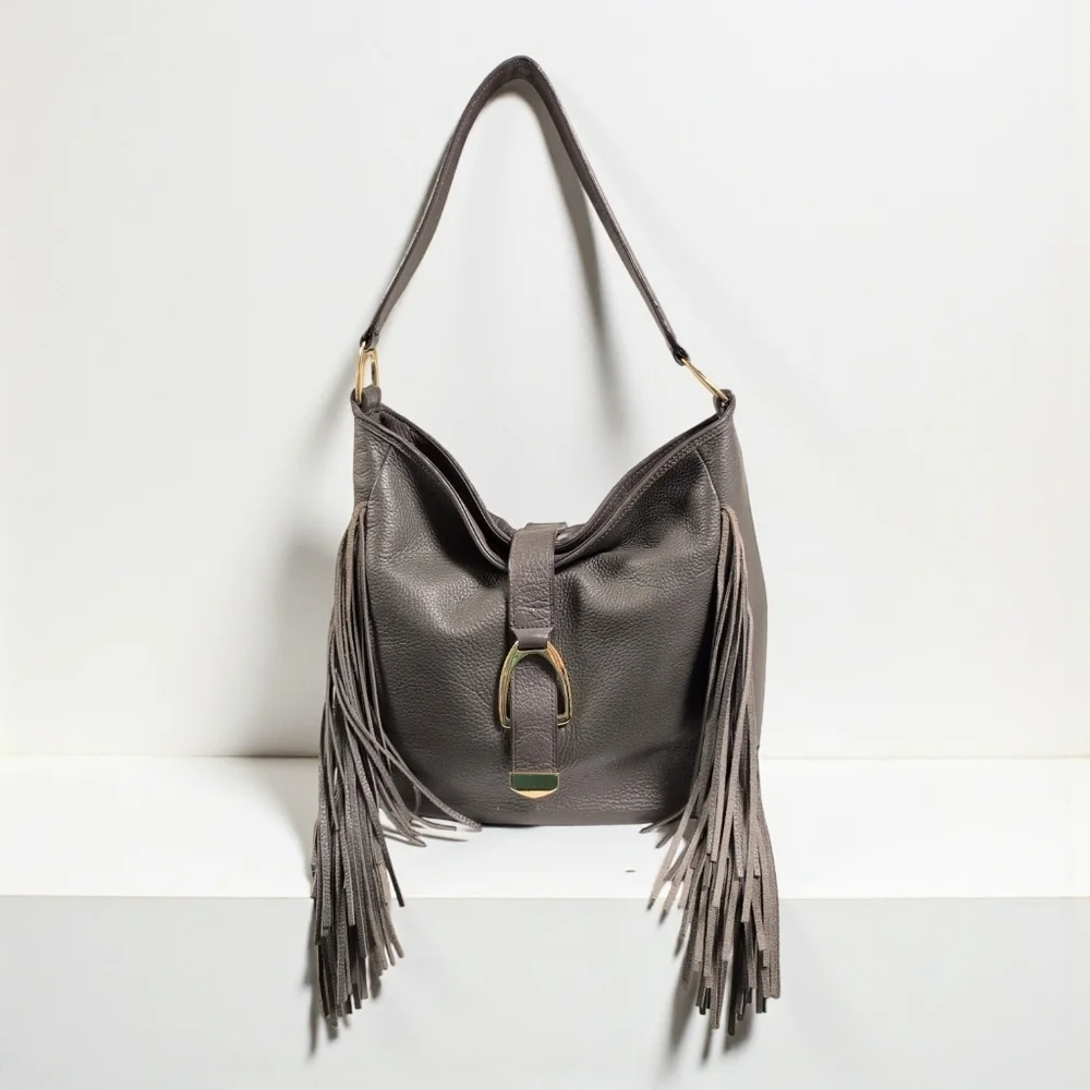 G.I.L.I. Gray Leather Hobo Bag Side Fringe Boho Western Festival Shoulder Bag